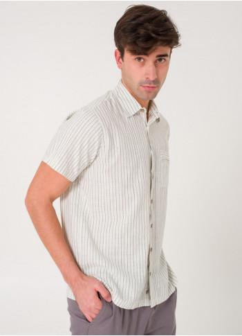 Half Sleeve Button Down Men's Vertical  Cream Striped Shirt